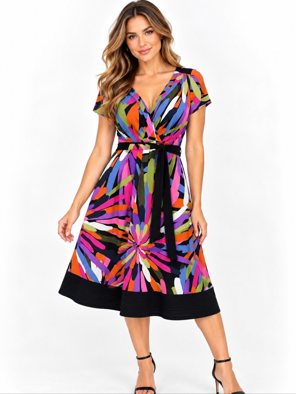 Maggy London Size 8 Colorful Abstract Print Fit & Flare Dress Belted Midi